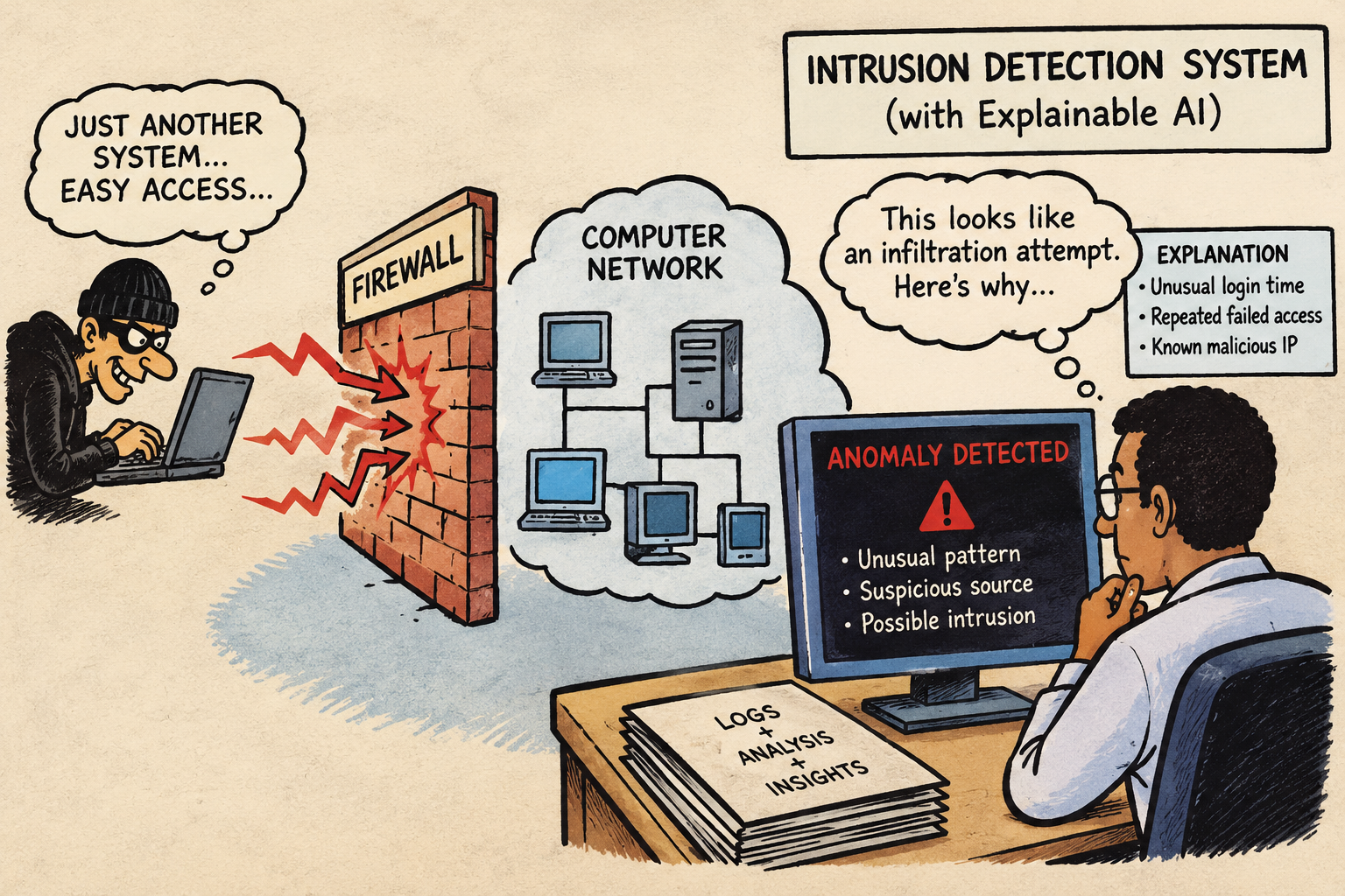 Illustration of a cybersecurity analyst examining a network intrusion detected by a firewall